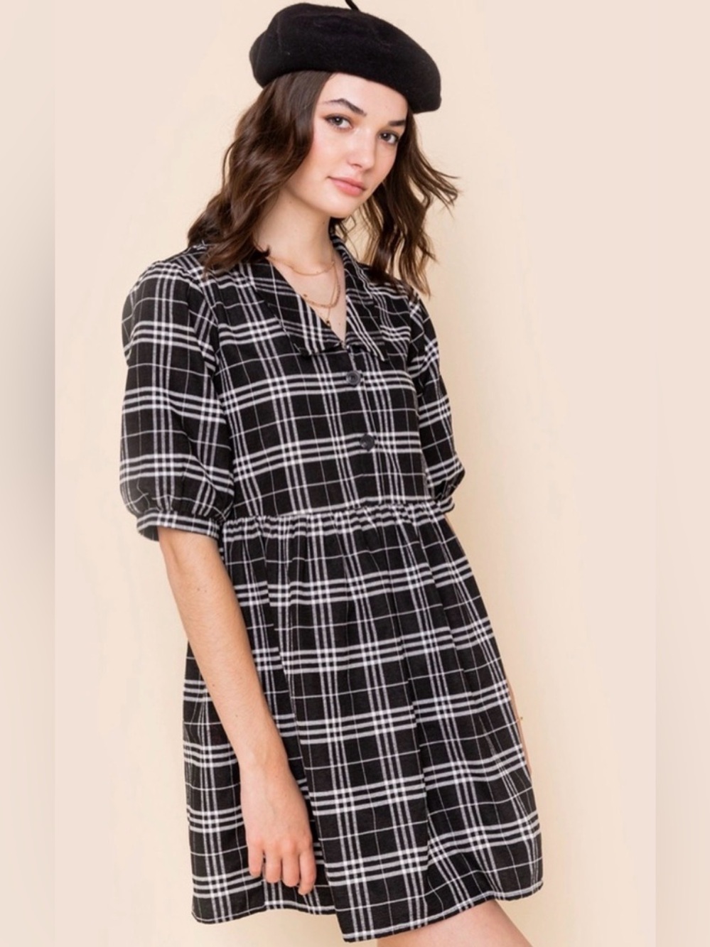 Black Plaid Short-Sleeve Babydoll Mini Dress